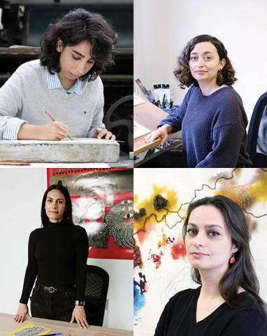 Faezeh Zandieh (© URDLA @‌cecilecayonphoto), Ghazale Bahiraie (© LeGrandLarge / Siouzie Albiach), Samaneh Atef (© LeGrandLarge / Blandine Soulage), Niloufar Basiri (© Siouzie Albiach)